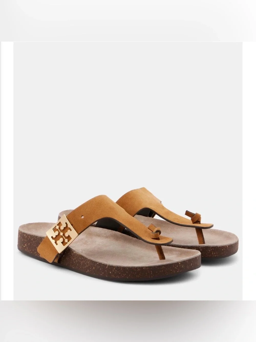 Tory Burch Mellow Thing Suede Cork Toe-Post Sandals Logo Plaque Cognac Tan 8.5
